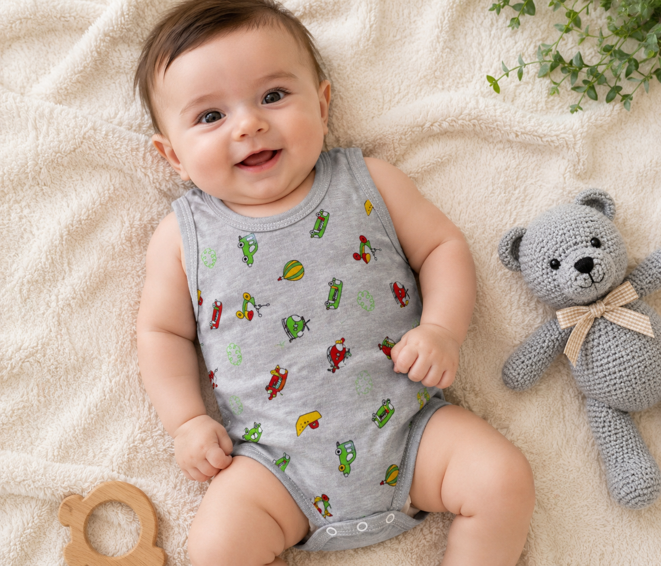 بادی رکابی نوزادی پنبه‌ای طرح ماشین آلات