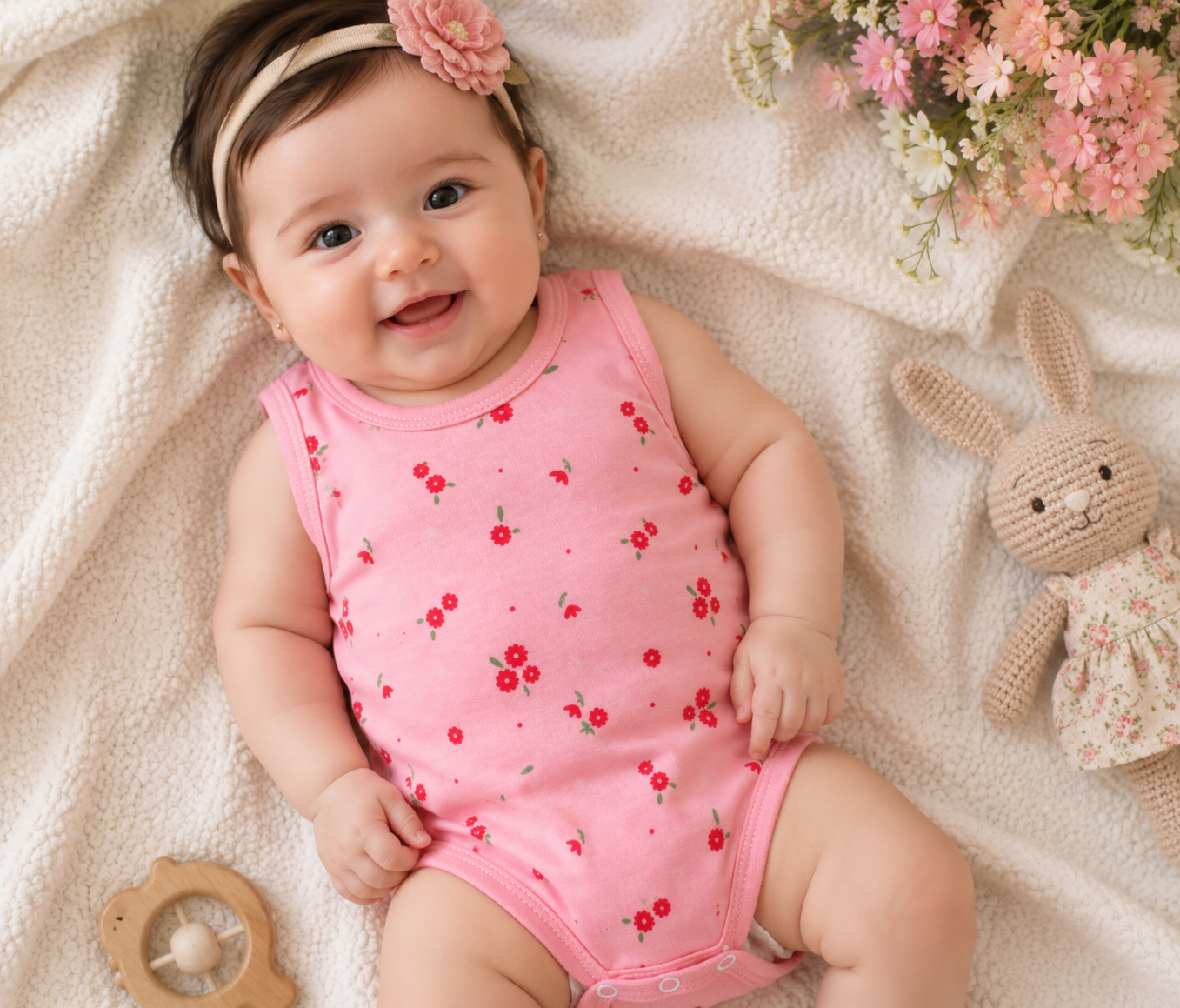بادی رکابی نوزادی پنبه‌ای طرح شکوفه